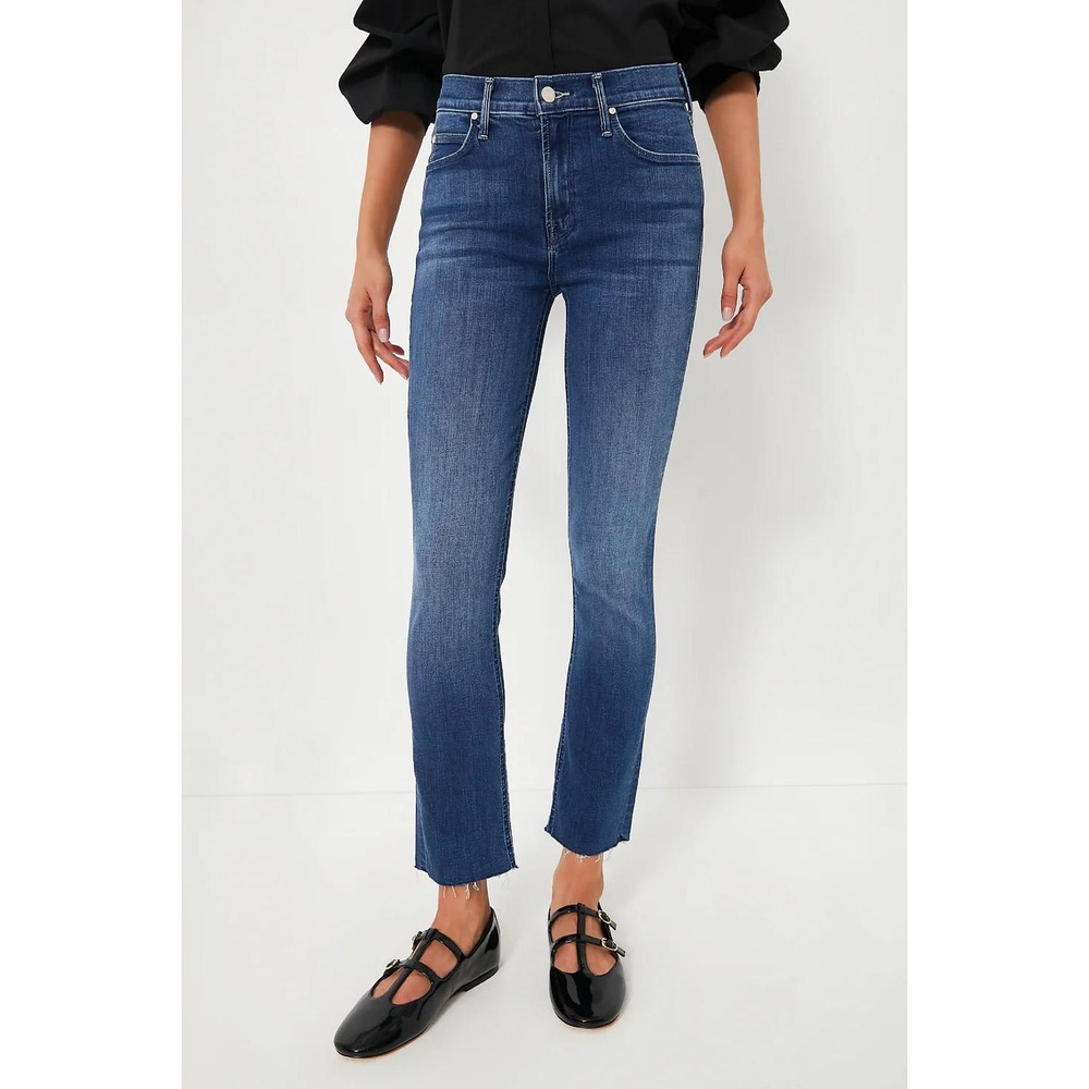 Mother Denim High Rise Straight Leg Jeans Blue Raw Chewed Hem Size 26